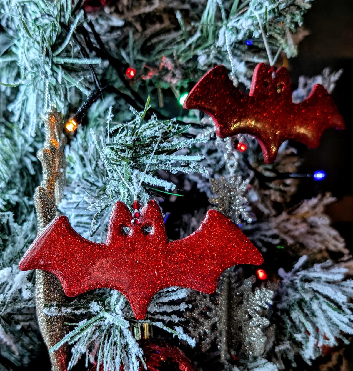 Set of 2 Red Glitter Bat Christmas Ornaments, Gothic Xmas Decor - Oh My Gothness