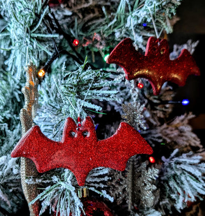Set of 2 Red Glitter Bat Christmas Ornaments, Gothic Xmas Decor - Oh My Gothness