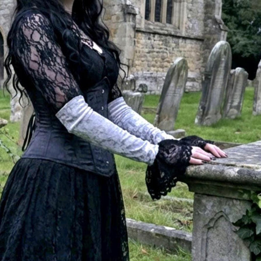 Silver Grey Arm Warmers Black Lace Cuffs, Gothic Victorian Sleeves Opera Gloves - Oh My Gothness