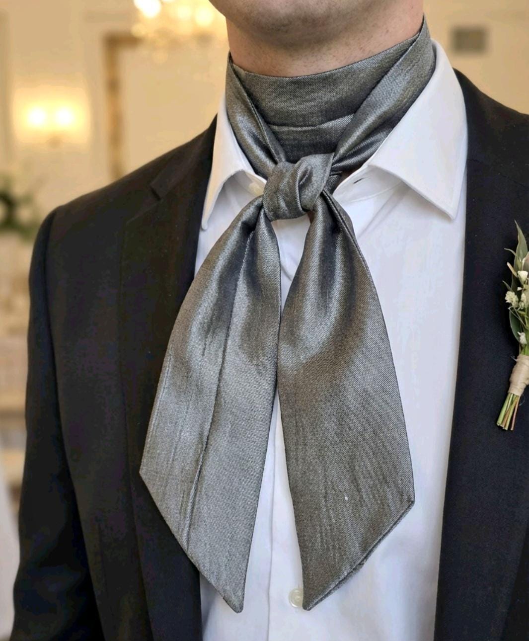 Silver Grey Crinkle Silky Cravat Bow Tie - Steampunk, Victorian, Wedding, Gothic, Races - Oh My Gothness