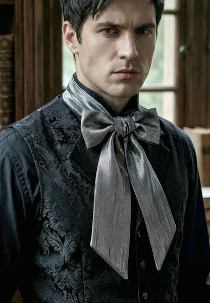 Silver Grey Crinkle Silky Cravat Bow Tie - Steampunk, Victorian, Wedding, Gothic, Races - Oh My Gothness