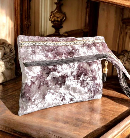 Silver Grey Crushed Velvet Clutch Bag Wristlet With Braid OOAK Fully Lined In Lilac Zip Up Party Holiday Goth Funky Travel Gift BG24 - Oh My Gothness