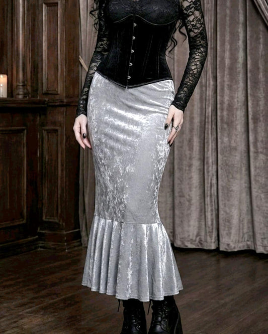 Silver Grey Fishtail Long Velvet Skirt - Gothic Witch Mermaid Size 10 - 14 (UK) - Oh My Gothness