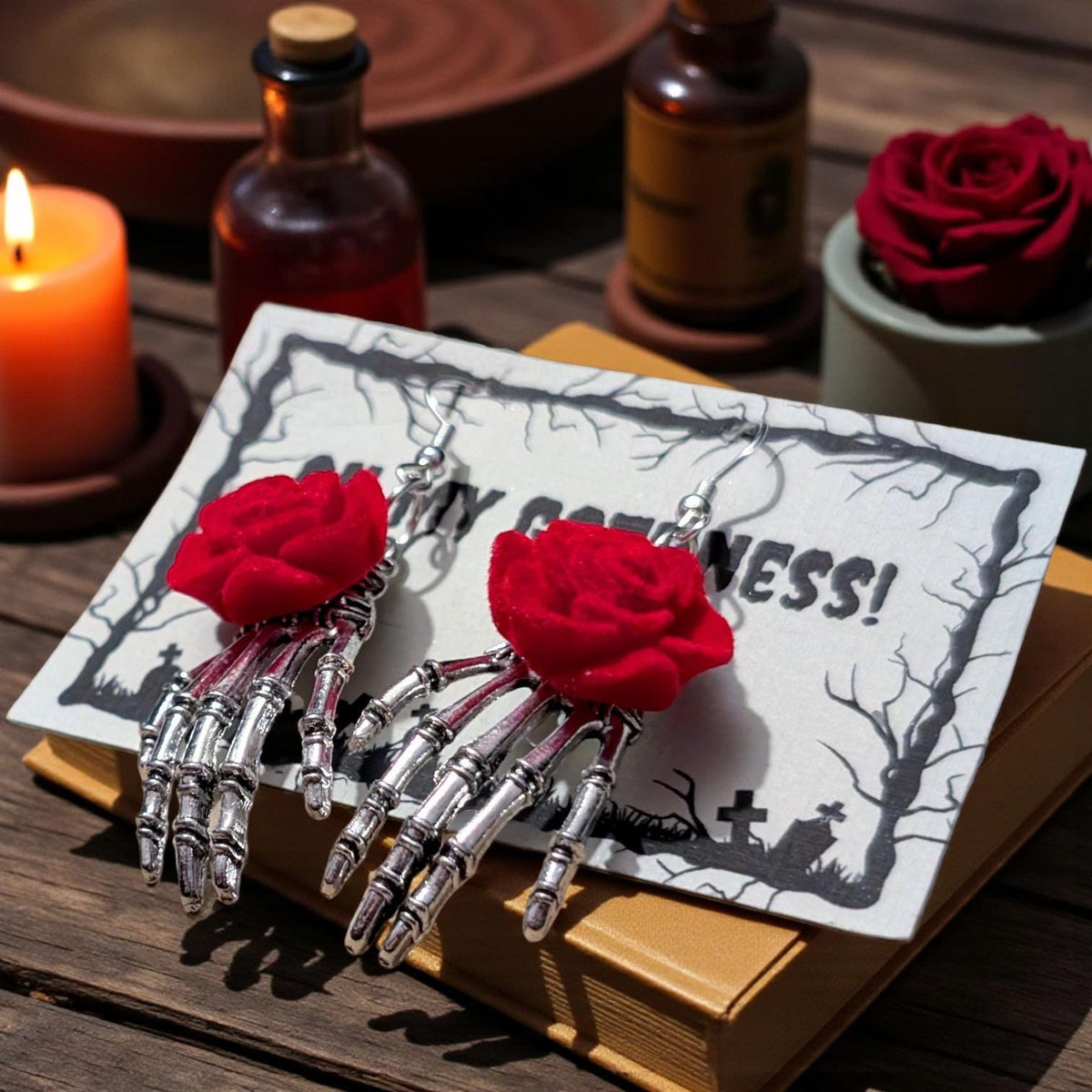 Skeleton Hand Dangle Earrings with Red Rose, Gothic Jewelry - Oh My Gothness