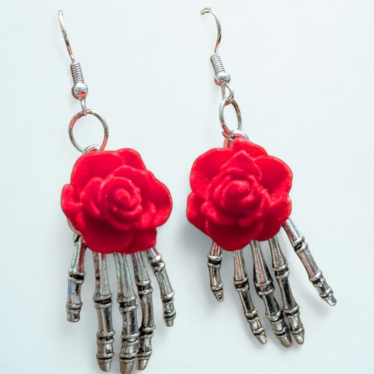 Skeleton Hand Dangle Earrings with Red Rose, Gothic Jewelry - Oh My Gothness