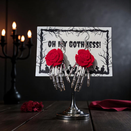 Skeleton Hand Dangle Earrings with Red Rose, Gothic Jewelry - Oh My Gothness
