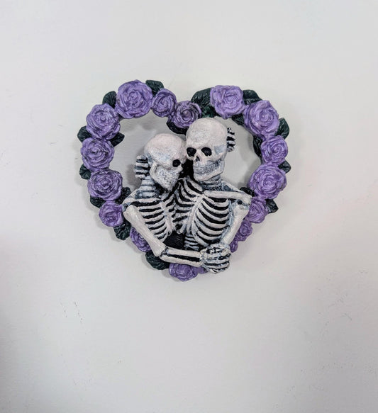 Skeleton Lovers in a heart made of lilac roses Hand made and painted. Gothic wall hanging decor wedding gift goth couples house warming - Oh My Gothness