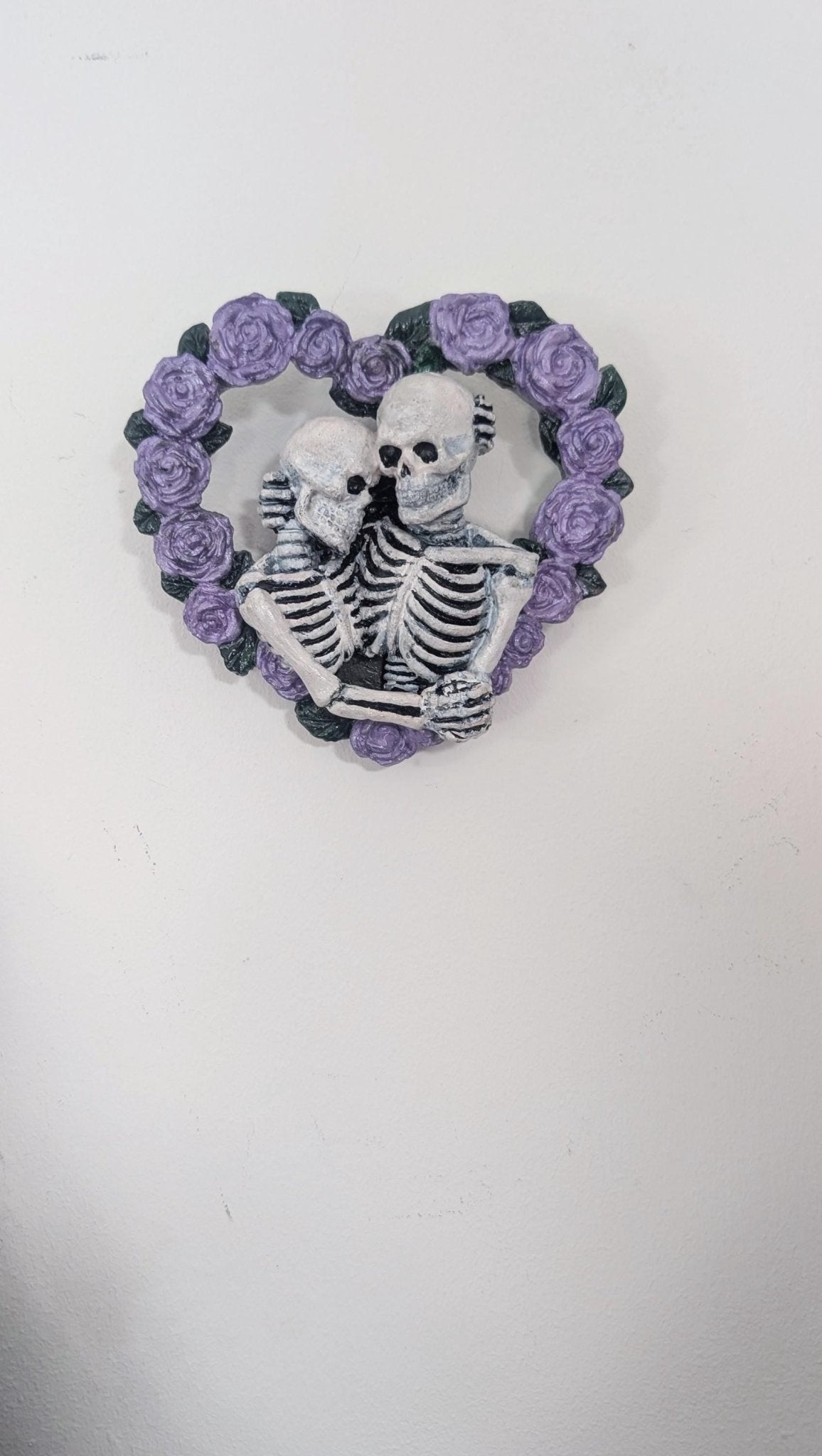 Skeleton Lovers in a heart made of lilac roses Hand made and painted. Gothic wall hanging decor wedding gift goth couples house warming - Oh My Gothness