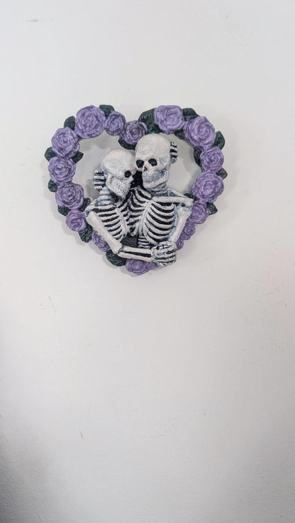 Skeleton Lovers in a heart made of lilac roses Hand made and painted. Gothic wall hanging decor wedding gift goth couples house warming - Oh My Gothness