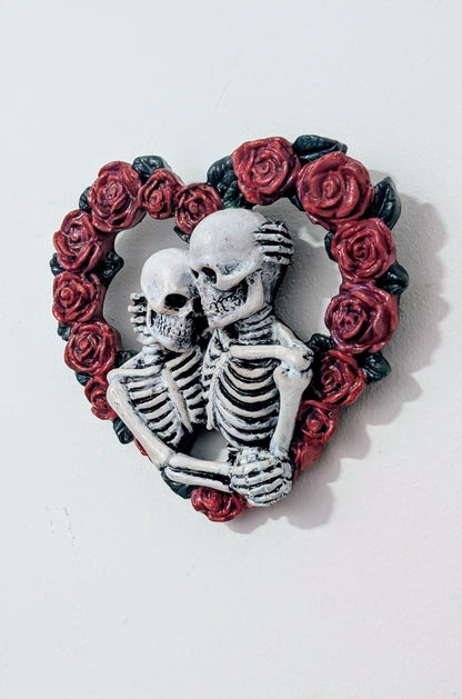 Skeleton Lovers in heart made of red rose Hand made and painted. Gothic wall decor wedding gift romantic goth couples house warming present - Oh My Gothness