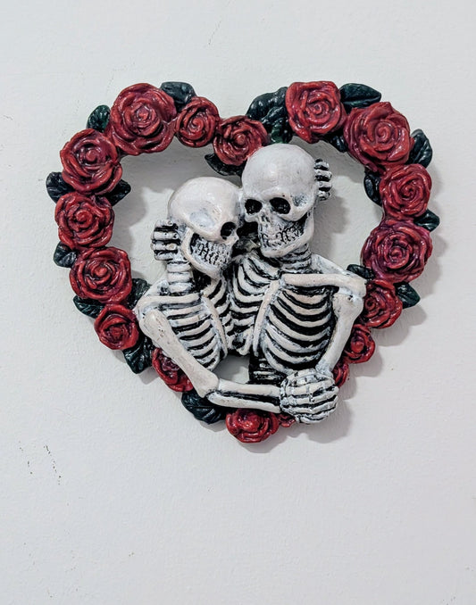 Skeleton Lovers in heart made of red rose Hand made and painted. Gothic wall decor wedding gift romantic goth couples house warming present - Oh My Gothness