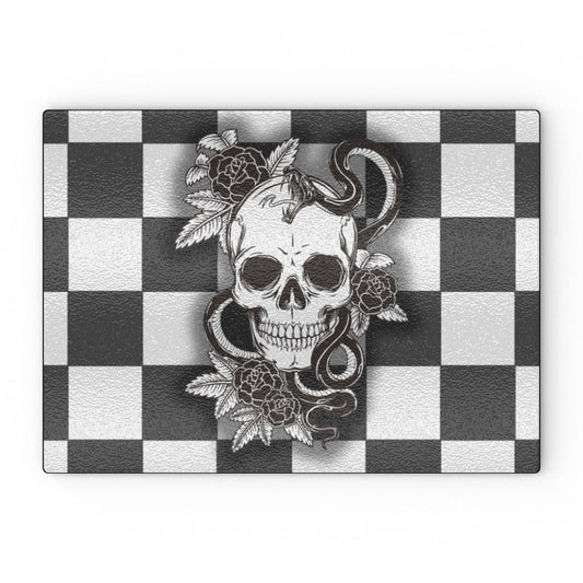 Skulls, snakes, roses on mono checks glass chopping board - Oh My Gothness