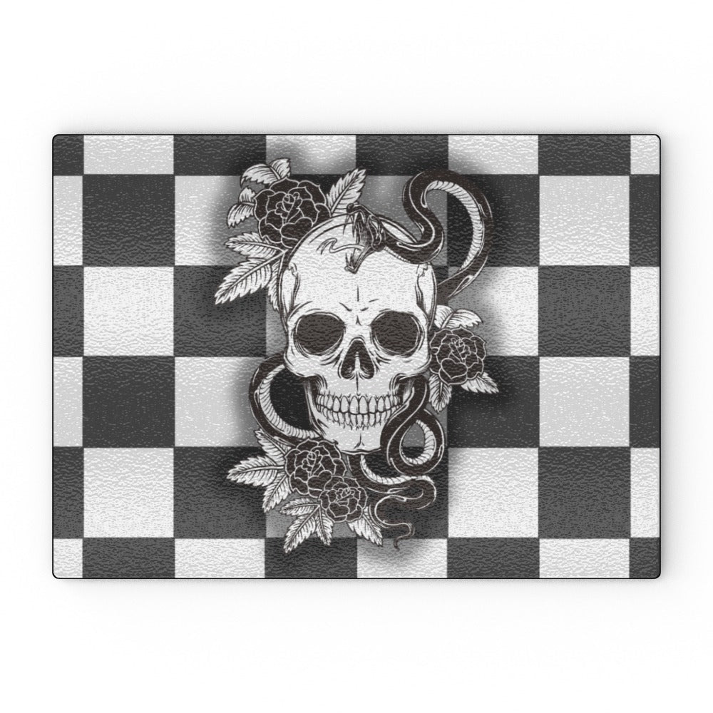 Skulls, snakes, roses on mono checks glass chopping board - Oh My Gothness