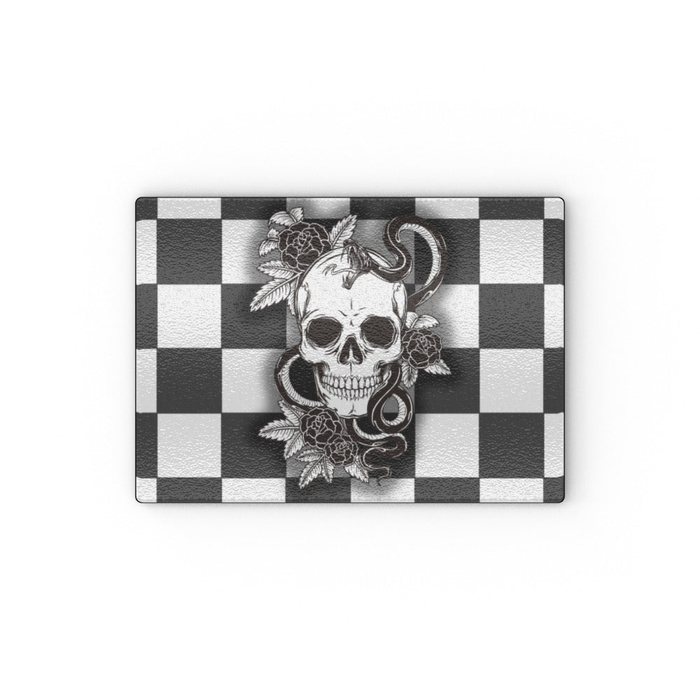 Skulls, snakes, roses on mono checks glass chopping board - Oh My Gothness