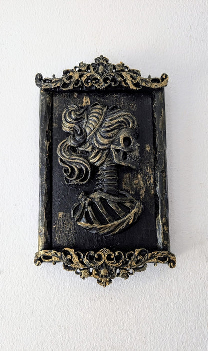 Small decorative wall hanging plaque hand made unique 3d art gothic baroque black + gold lady female skeleton skull home decor accent gift - Oh My Gothness