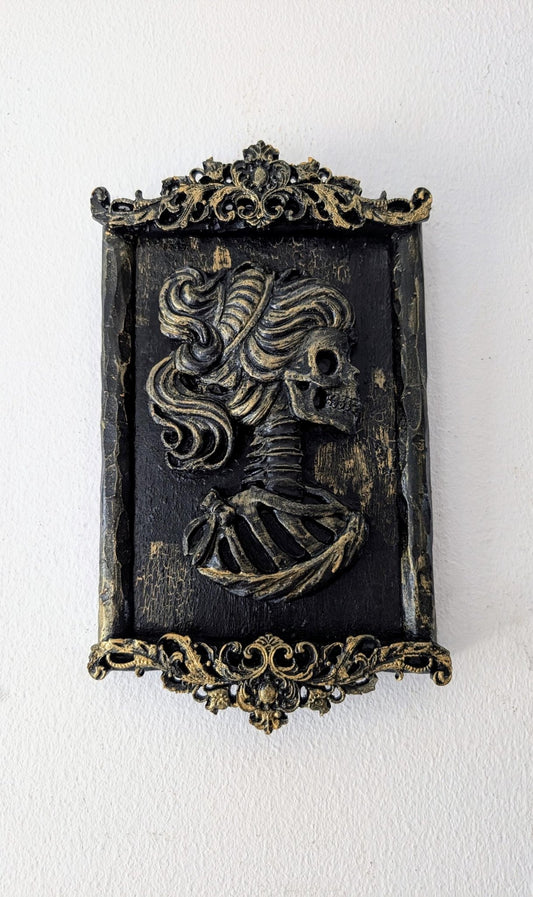 Small decorative wall hanging plaque hand made unique 3d art gothic baroque black + gold lady female skeleton skull home decor accent gift - Oh My Gothness