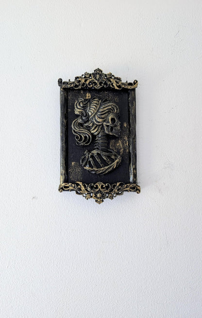 Small decorative wall hanging plaque hand made unique 3d art gothic baroque black + gold lady female skeleton skull home decor accent gift - Oh My Gothness