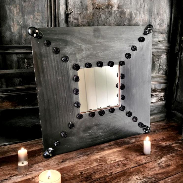Square Mirror OOAK Handpainted Black Silver Black With Black Skulls & Roses 10"x 10" Gothic Decor Homes Interiors Great Gift MM1 - Oh My Gothness