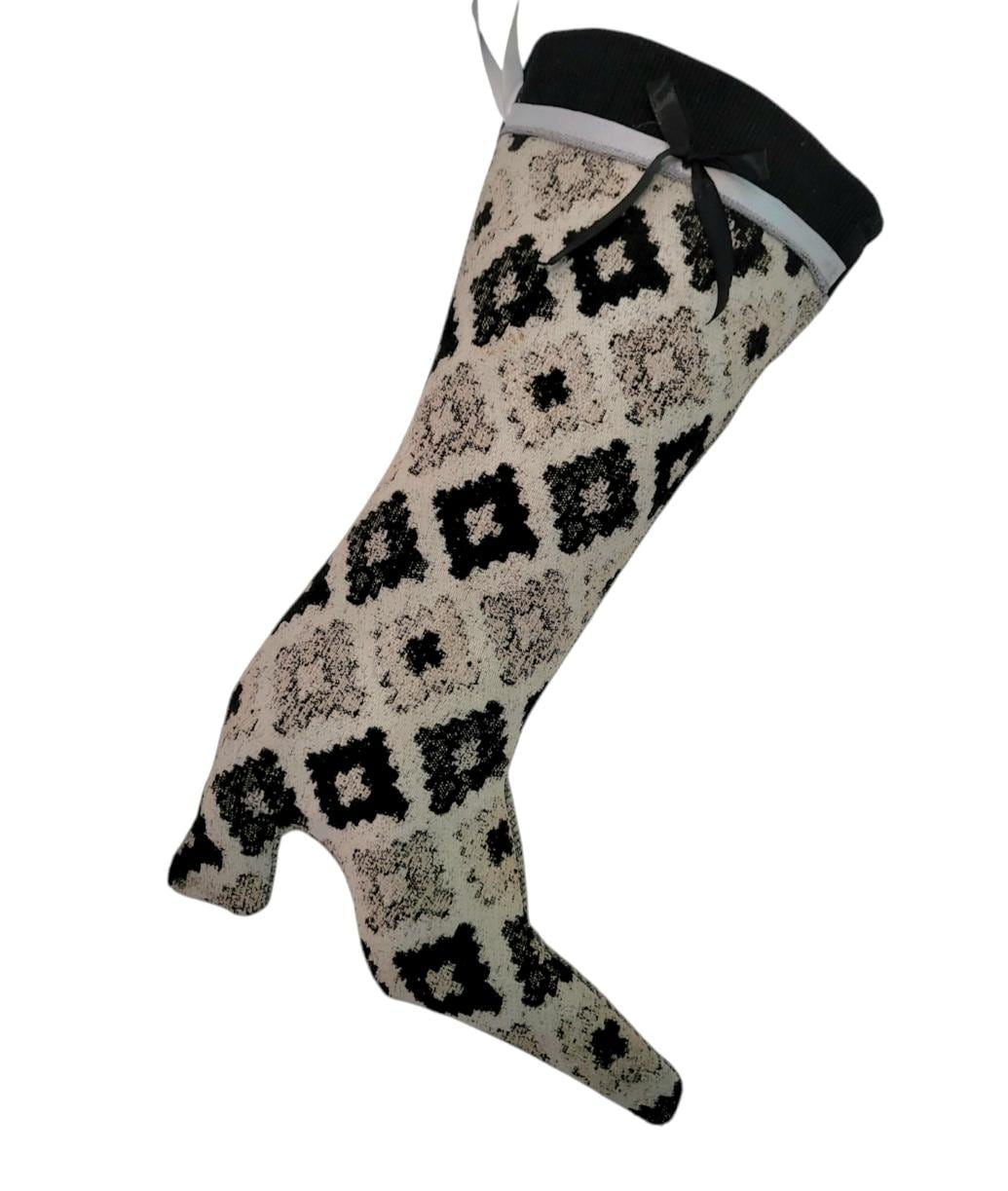 Stiletto Boot Christmas Stocking: Black & Cream Chenille, Velvet Ribbon - Oh My Gothness