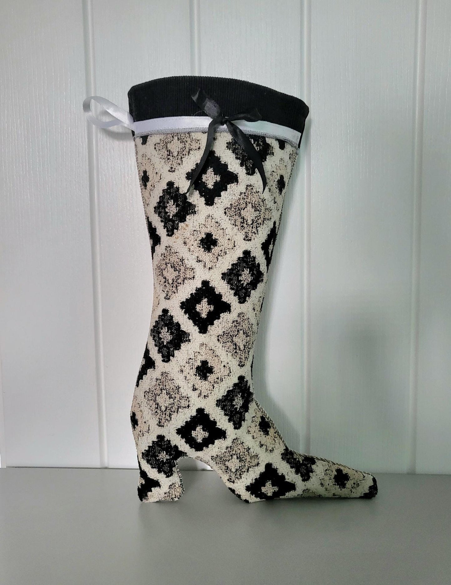 Stiletto Boot Christmas Stocking: Black & Cream Chenille, Velvet Ribbon - Oh My Gothness