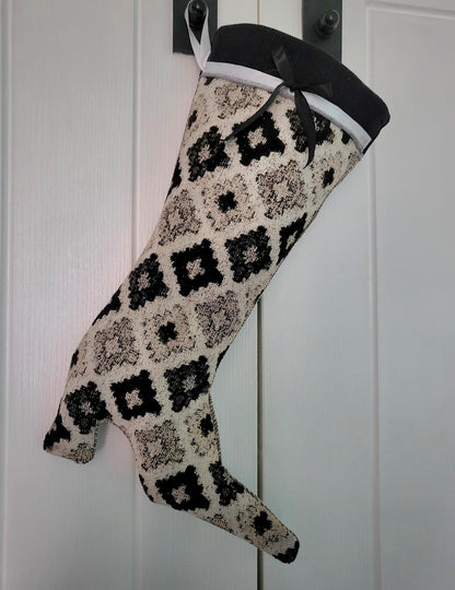 Stiletto Boot Christmas Stocking: Black & Cream Chenille, Velvet Ribbon - Oh My Gothness