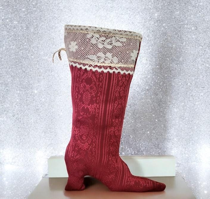 Stiletto Boot Christmas Stocking: Burgundy Red Jacquard, Lace & Gold Braid - Oh My Gothness