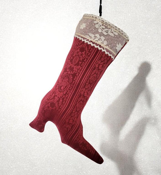 Stiletto Boot Christmas Stocking: Burgundy Red Jacquard, Lace & Gold Braid - Oh My Gothness