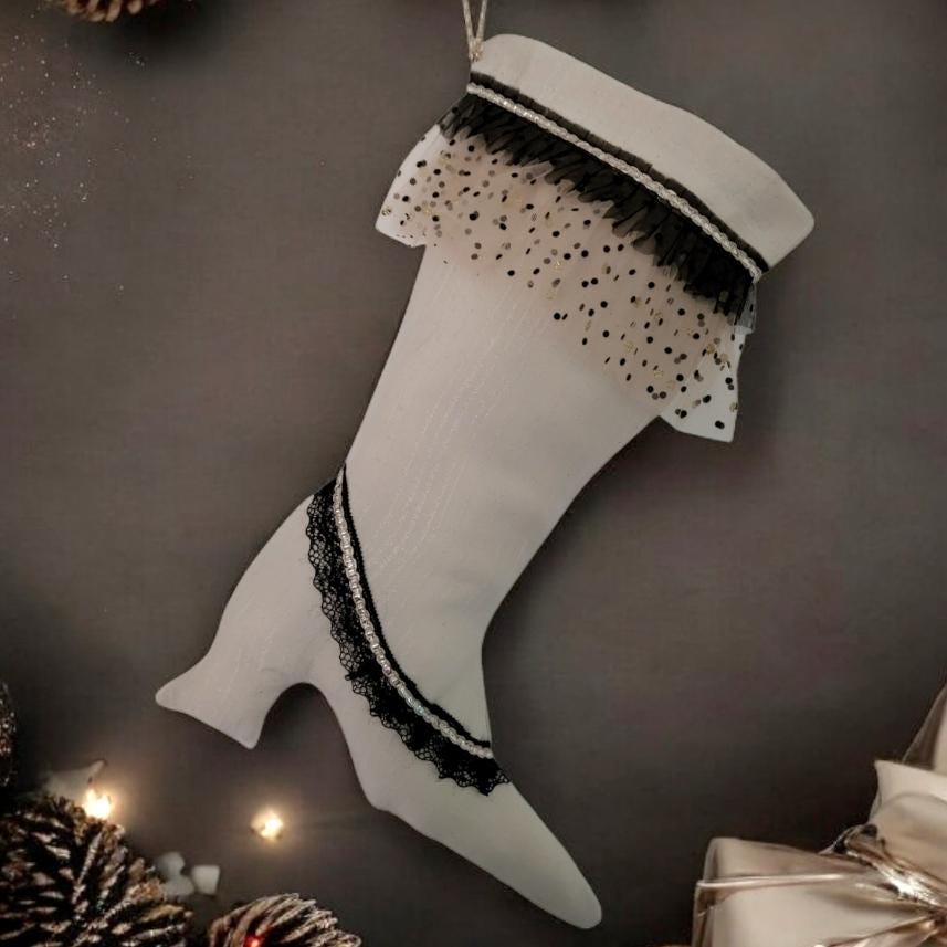 Stiletto Boot Christmas Stocking, Cream Jacquard with Black Lace - Oh My Gothness