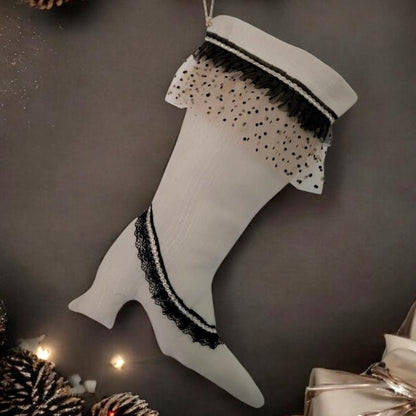Stiletto Boot Christmas Stocking, Cream Jacquard with Black Lace - Oh My Gothness