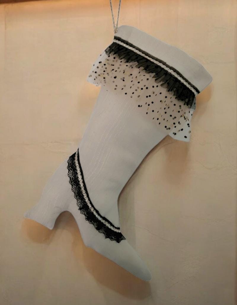 Stiletto Boot Christmas Stocking, Cream Jacquard with Black Lace - Oh My Gothness