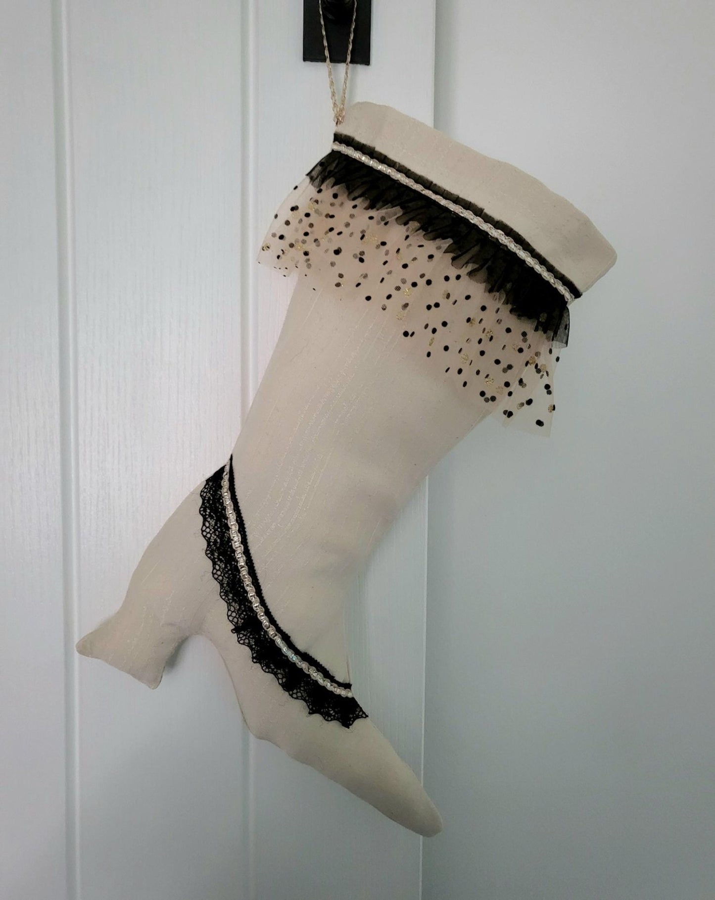 Stiletto Boot Christmas Stocking, Cream Jacquard with Black Lace - Oh My Gothness