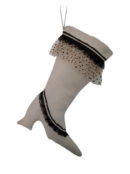 Stiletto Boot Christmas Stocking, Cream Jacquard with Black Lace - Oh My Gothness