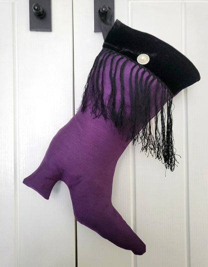 Stiletto Boot Christmas Stocking: Purple, Black Velvet, Tassels - Oh My Gothness