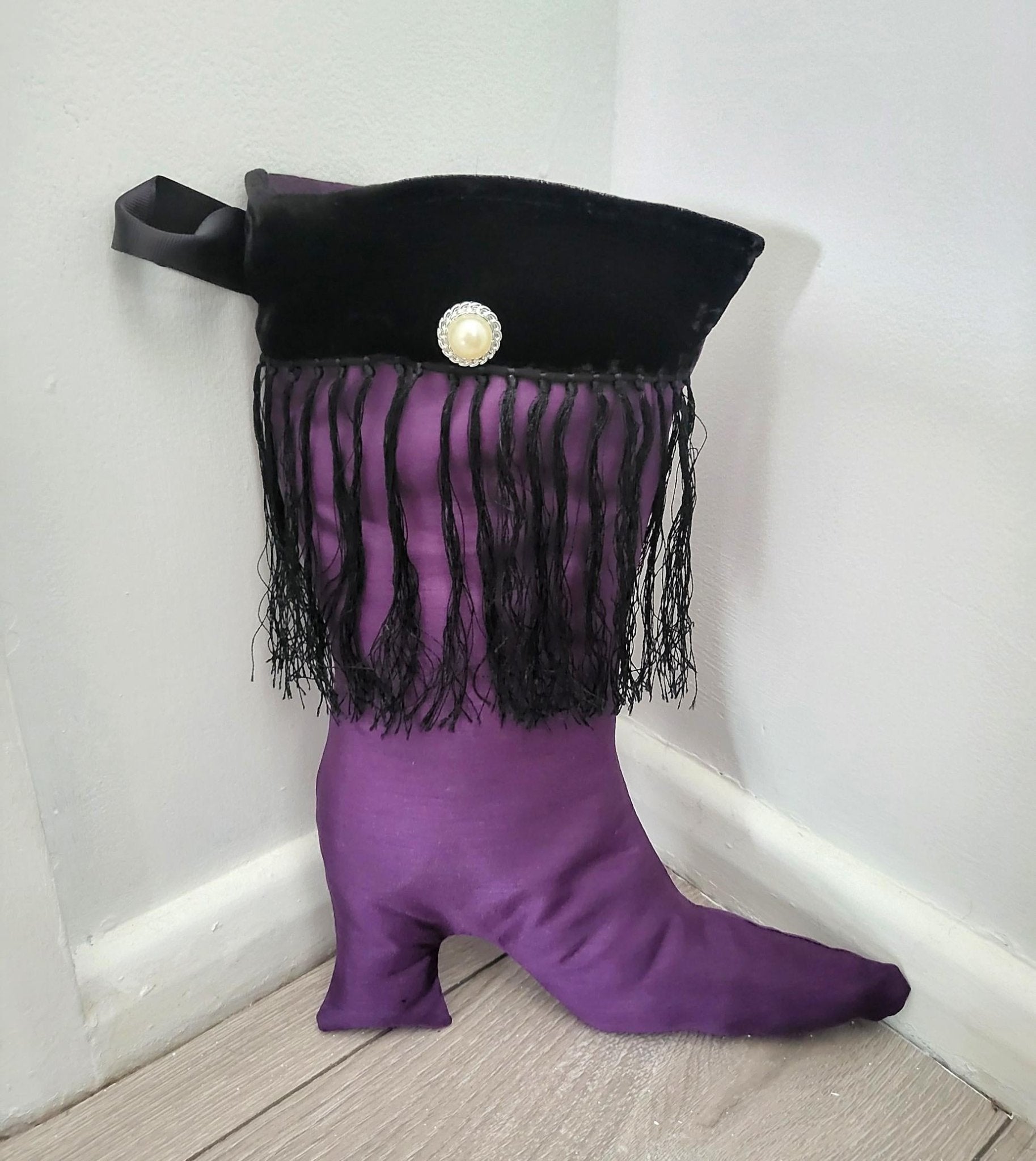 Stiletto Boot Christmas Stocking: Purple, Black Velvet, Tassels - Oh My Gothness