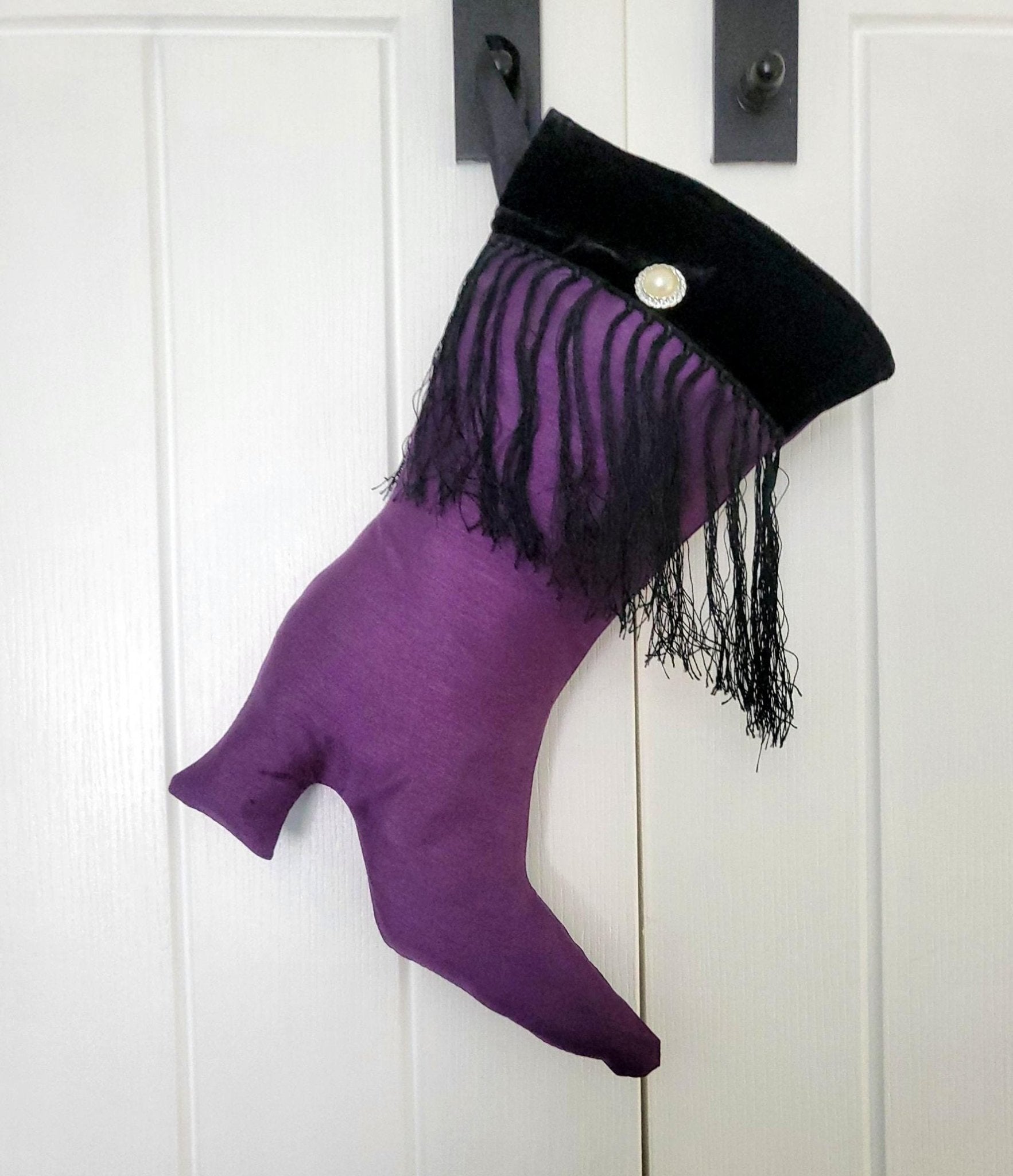 Stiletto Boot Christmas Stocking: Purple, Black Velvet, Tassels - Oh My Gothness