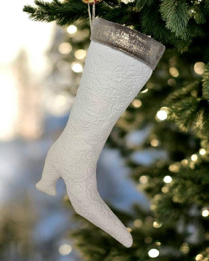 Stiletto Boot Christmas Stocking, White Embossed Fabric with Fur Top - Oh My Gothness