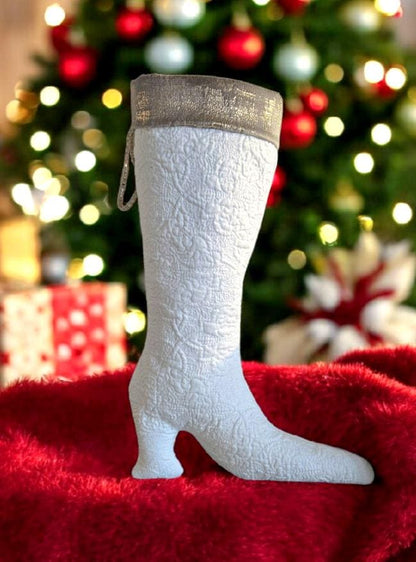 Stiletto Boot Christmas Stocking, White Embossed Fabric with Fur Top - Oh My Gothness