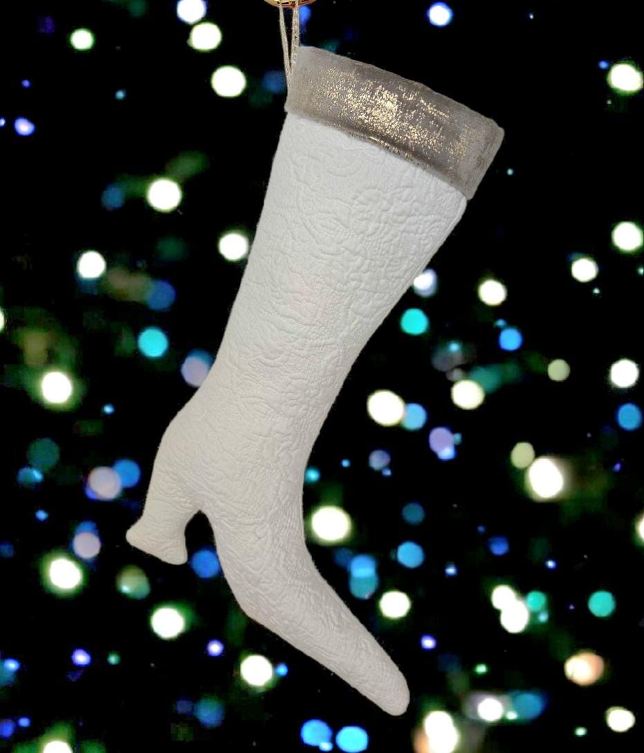 Stiletto Boot Christmas Stocking, White Embossed Fabric with Fur Top - Oh My Gothness