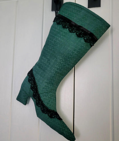 Stiletto Heel Christmas Stocking, Green Jacquard with Black Lace - Oh My Gothness