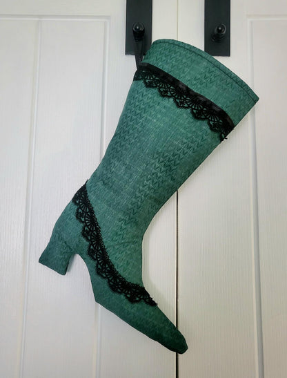 Stiletto Heel Christmas Stocking, Green Jacquard with Black Lace - Oh My Gothness