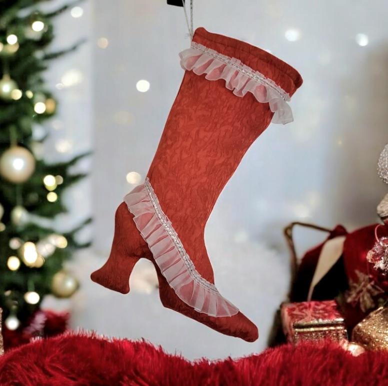 Stiletto Heel Christmas Stocking, Red Jacquard with Lace Trim - Oh My Gothness