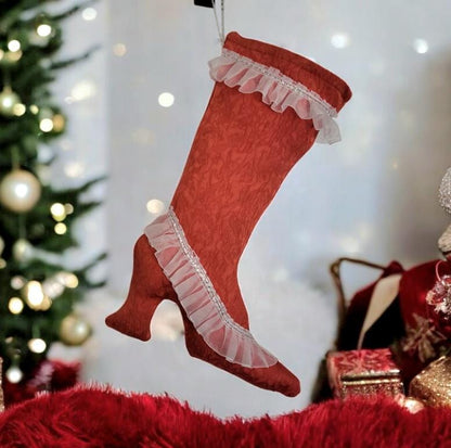 Stiletto Heel Christmas Stocking, Red Jacquard with Lace Trim - Oh My Gothness