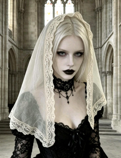 Taupe Crinkle Chiffon & Lace Veil Long Mantilla Victorian Catholic Gothic Bride Costume - Oh My Gothness