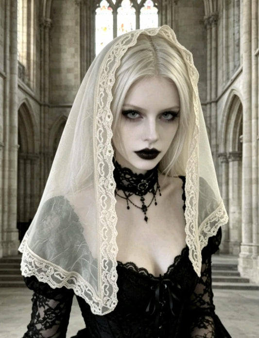 Taupe Crinkle Chiffon & Lace Veil Long Mantilla Victorian Catholic Gothic Bride Costume - Oh My Gothness