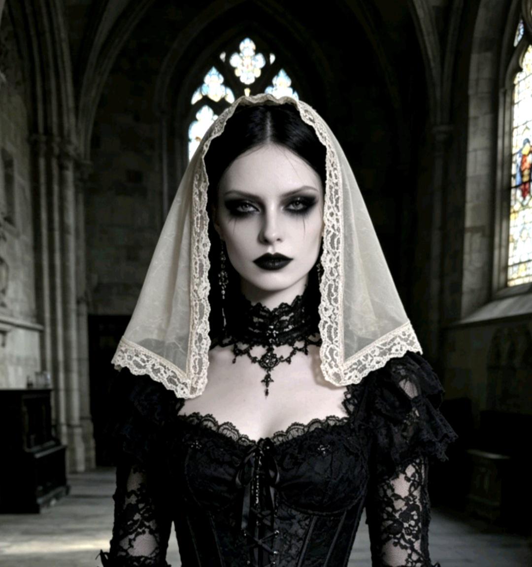 Taupe Crinkle Chiffon & Lace Veil Long Mantilla Victorian Catholic Gothic Bride Costume - Oh My Gothness