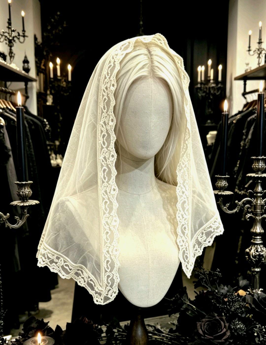 Taupe Crinkle Chiffon & Lace Veil Long Mantilla Victorian Catholic Gothic Bride Costume - Oh My Gothness