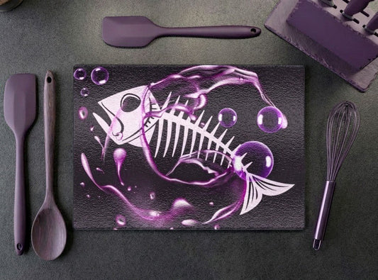 Tempered Glass Chopping Board Purple Fish Skeleton - Oh My Gothness