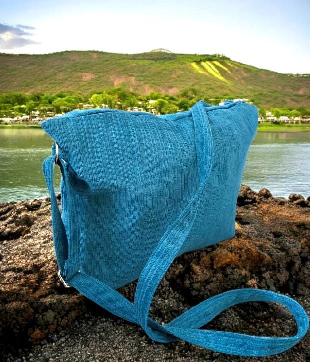 Turquoise Blue Velvet Chenille OOAK Shoulder Crossbody Bag Fully Lined With Zip - Oh My Gothness