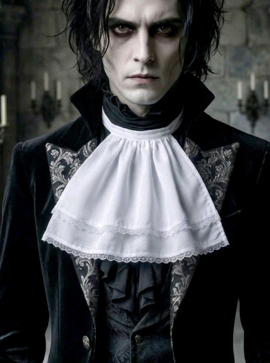 White Cotton Jabot Double Layer With Lace Neck Frill - Victorian Steampunk Wedding Whitby Gothic - Oh My Gothness