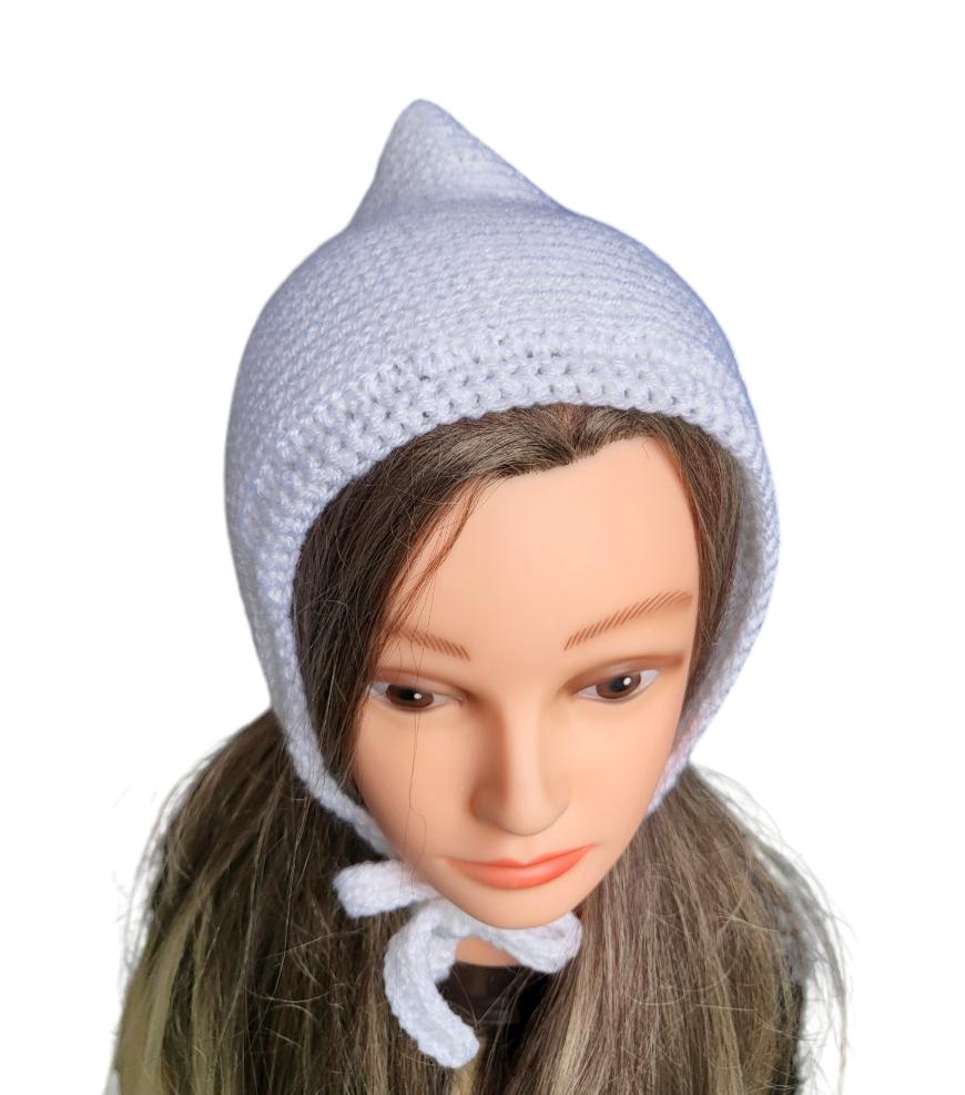 White Knitted Forest Bonnet Handmade Pixie Bow Tie Hat Adult Emo Goth Whimsy Elf Fairy Winter Gift HT19 - Oh My Gothness